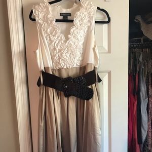 Jessica Howard dress with white top and khaki color skirt.